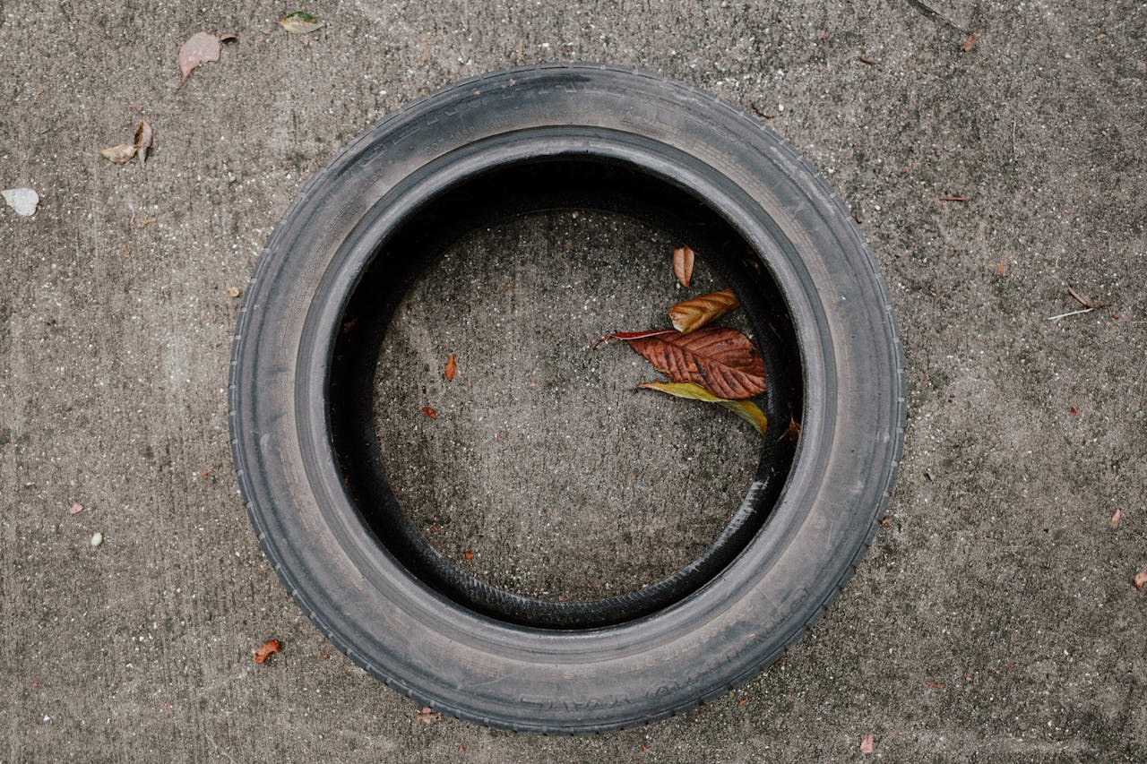 An old tire resting on a concrete surface, surrounded by autumn leaves.